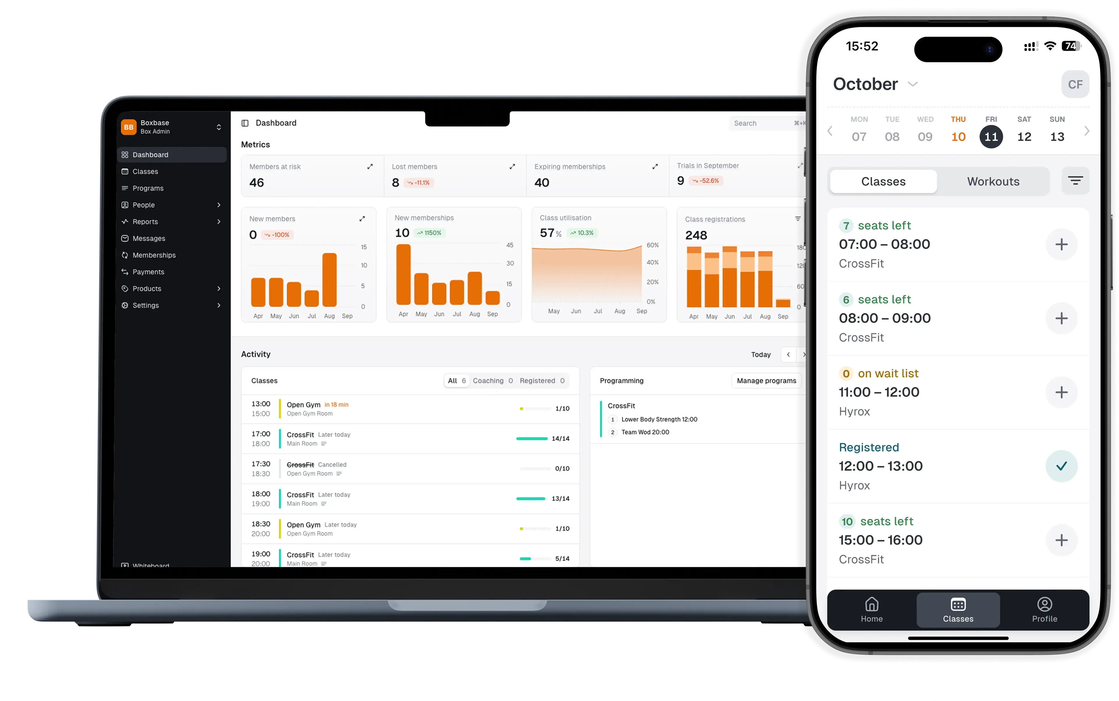 The Boxbase admin dashboard on a laptop beside the member app class schedule on a phone