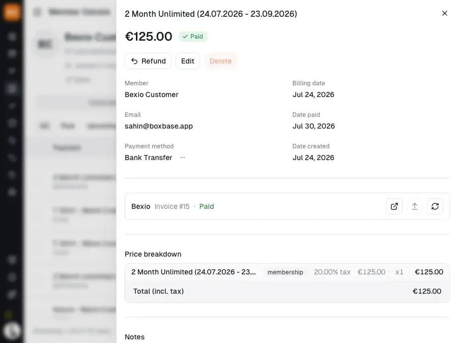 A membership payment and its bexio invoice status