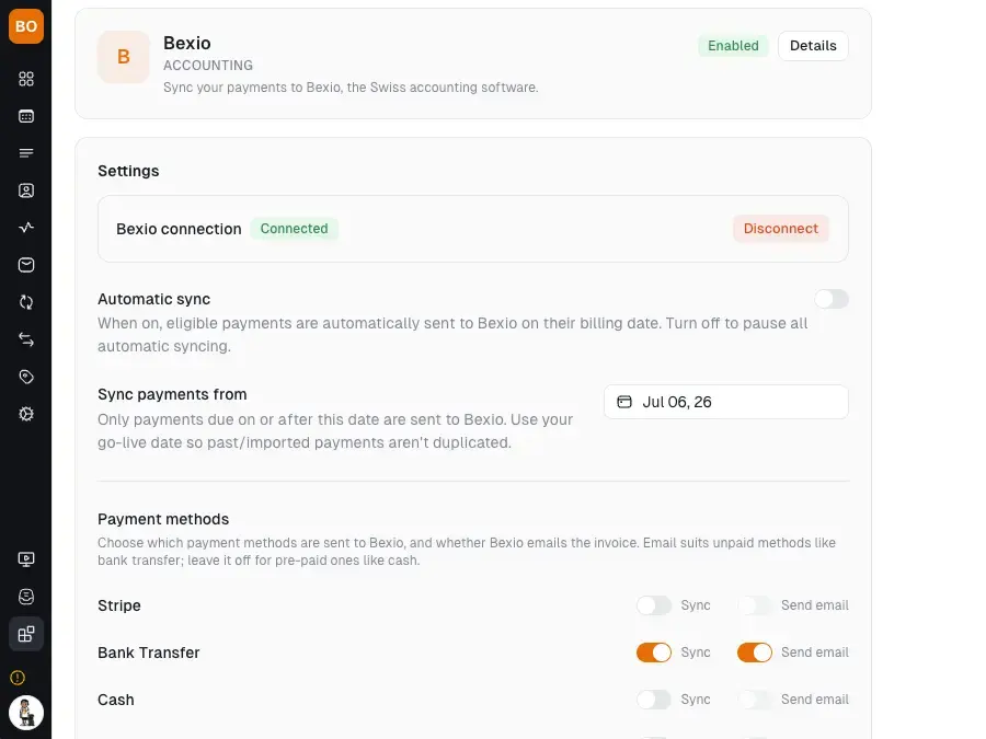 Per payment method bexio settings in Boxbase