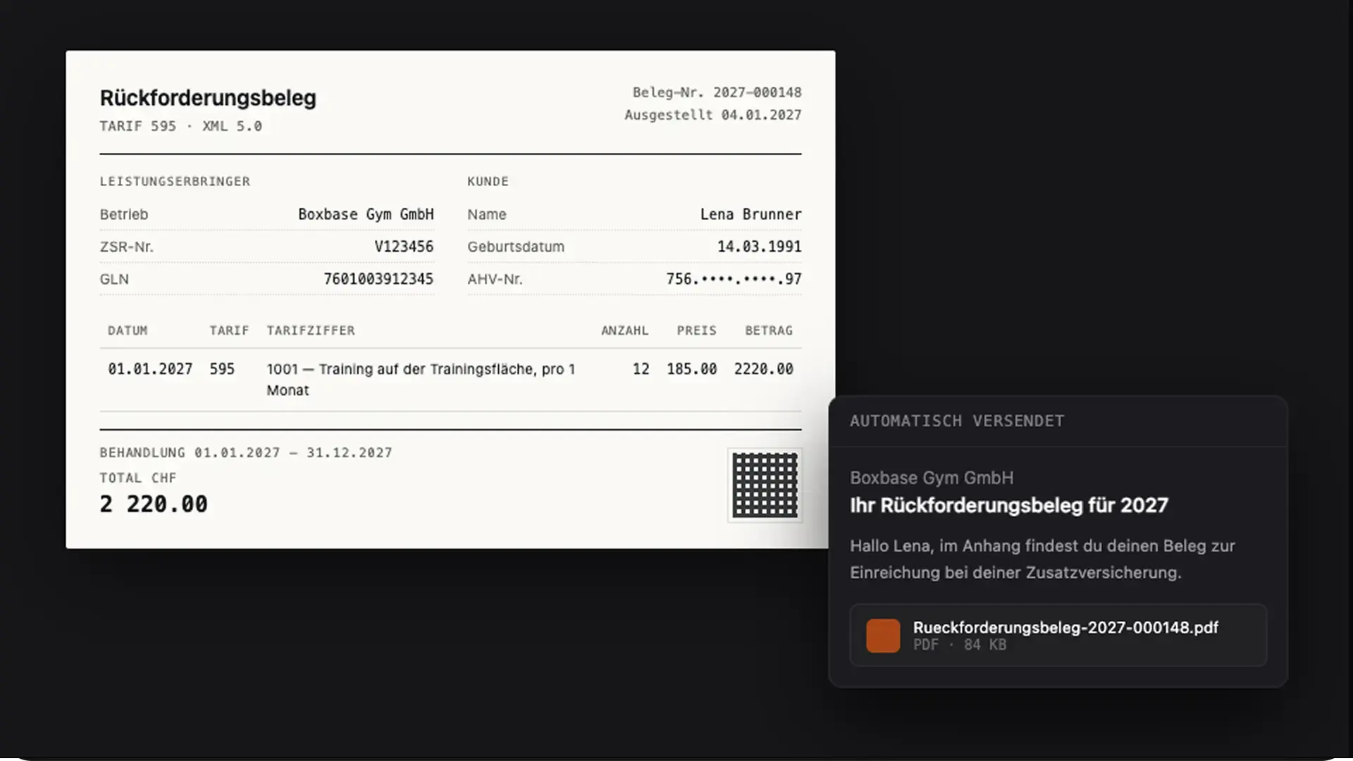 A Tarif 595 confirmation generated from a Boxbase membership